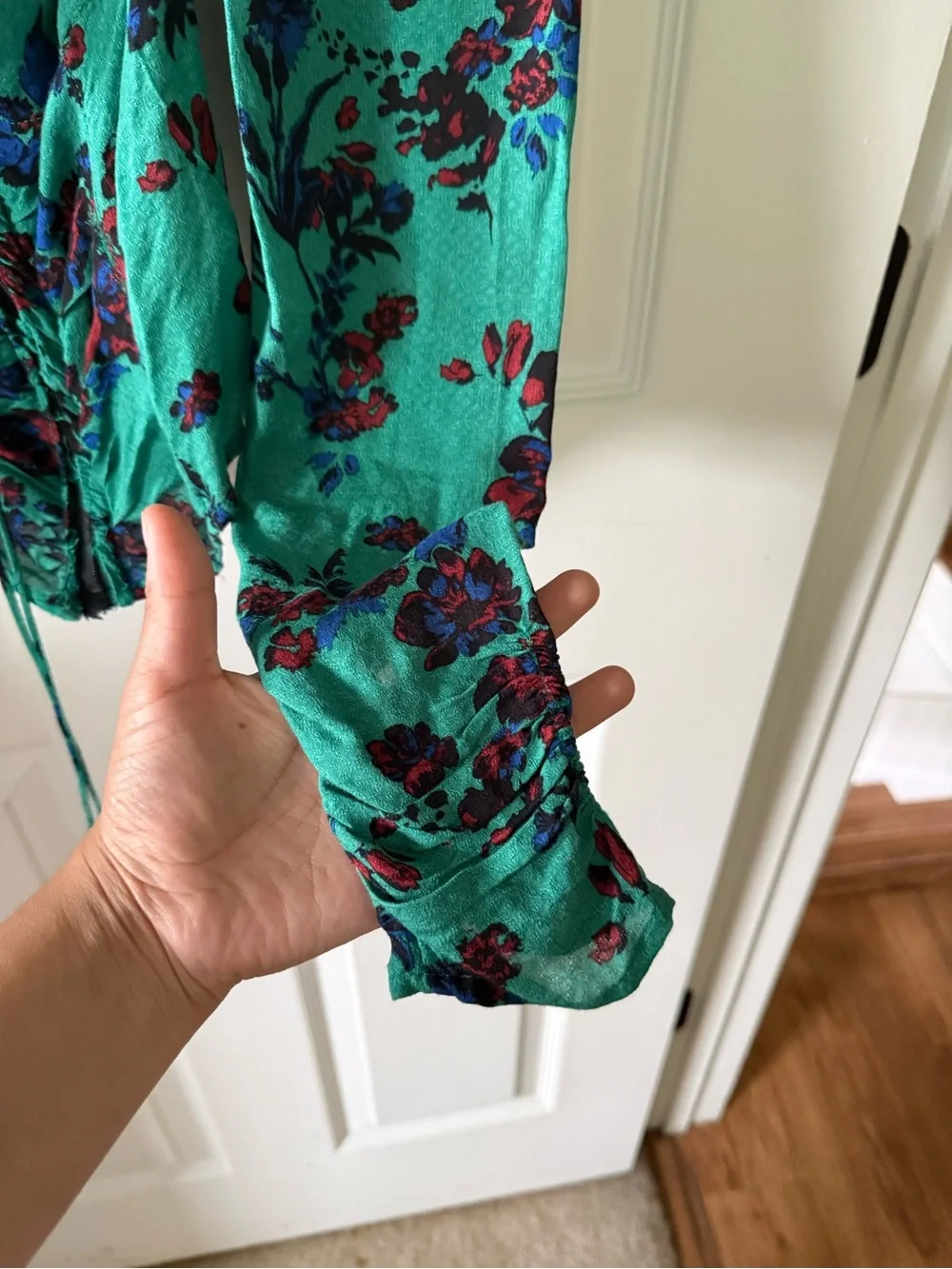 Free People Teal Floral Lace-Up Puff Sleeve Blouse